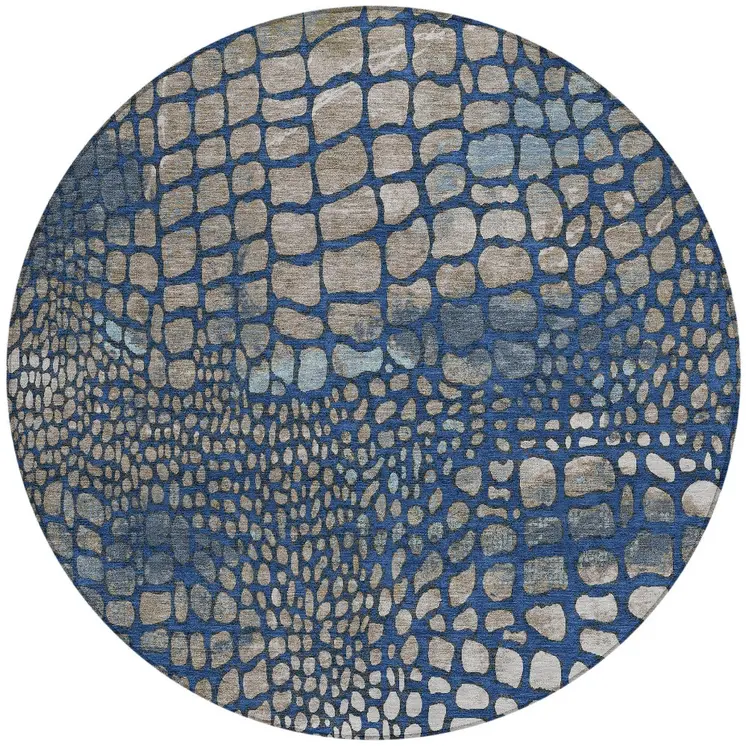 8' Navy Blue Gray And Brown Round Abstract Washable Indoor Outdoor Area Rug