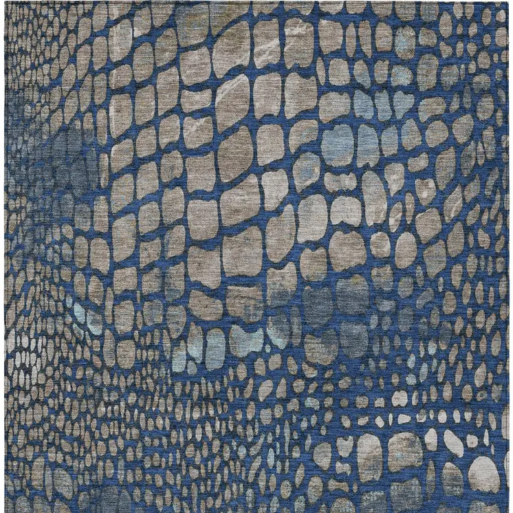 9' X 12' Navy Blue Gray And Brown Abstract Washable Indoor Outdoor Area Rug