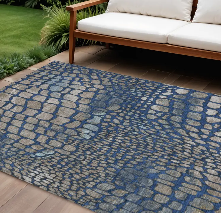 9' X 12' Navy Blue Gray And Brown Abstract Washable Indoor Outdoor Area Rug