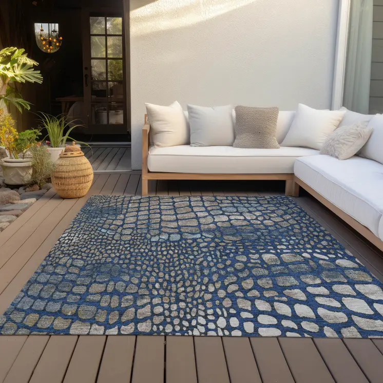 9' X 12' Navy Blue Gray And Brown Abstract Washable Indoor Outdoor Area Rug