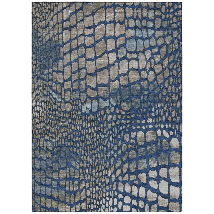 9' X 12' Navy Blue Gray And Brown Abstract Washable Indoor Outdoor Area Rug