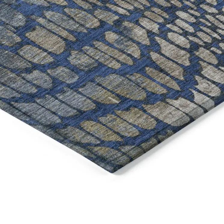 9' X 12' Navy Blue Gray And Brown Abstract Washable Indoor Outdoor Area Rug