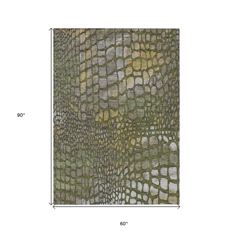 5' X 8' Olive Green Brown And Gold Abstract Washable Indoor Outdoor Area Rug