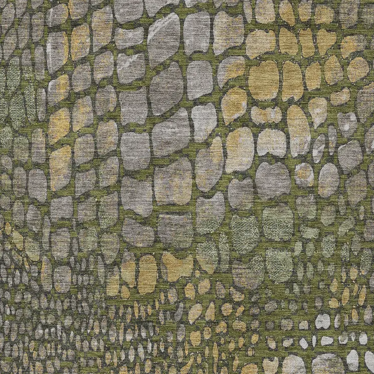5' X 8' Olive Green Brown And Gold Abstract Washable Indoor Outdoor Area Rug