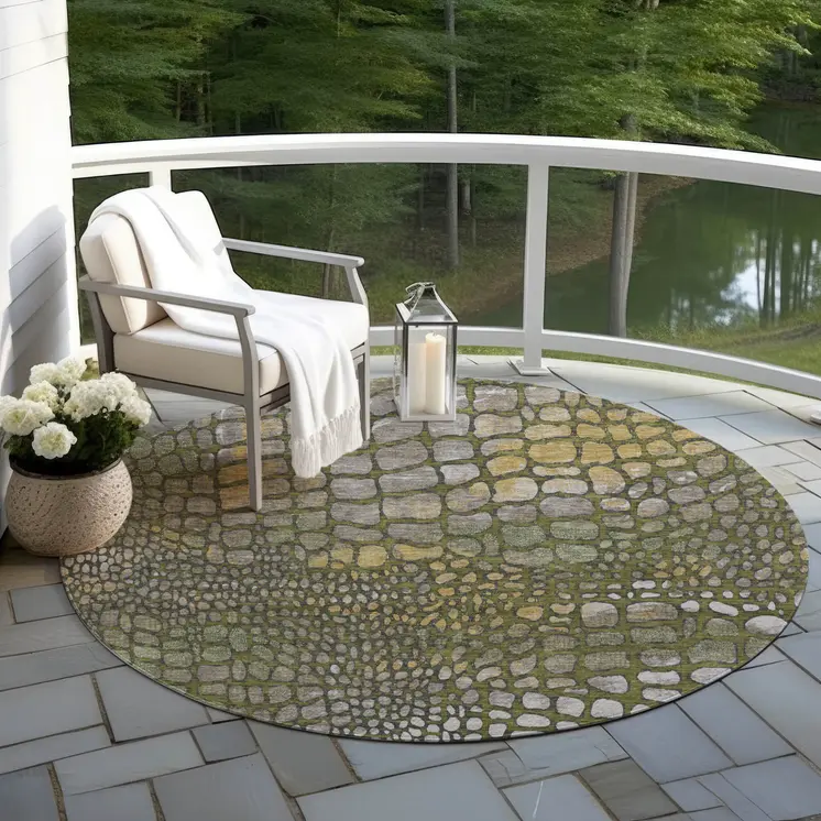 8' Olive Green Brown And Gold Round Abstract Washable Indoor Outdoor Area Rug