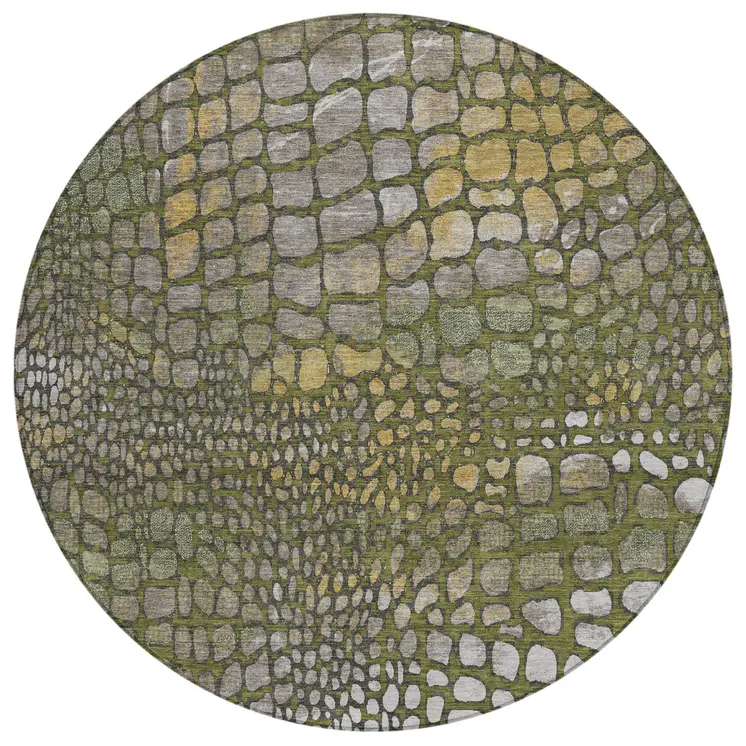 8' Olive Green Brown And Gold Round Abstract Washable Indoor Outdoor Area Rug