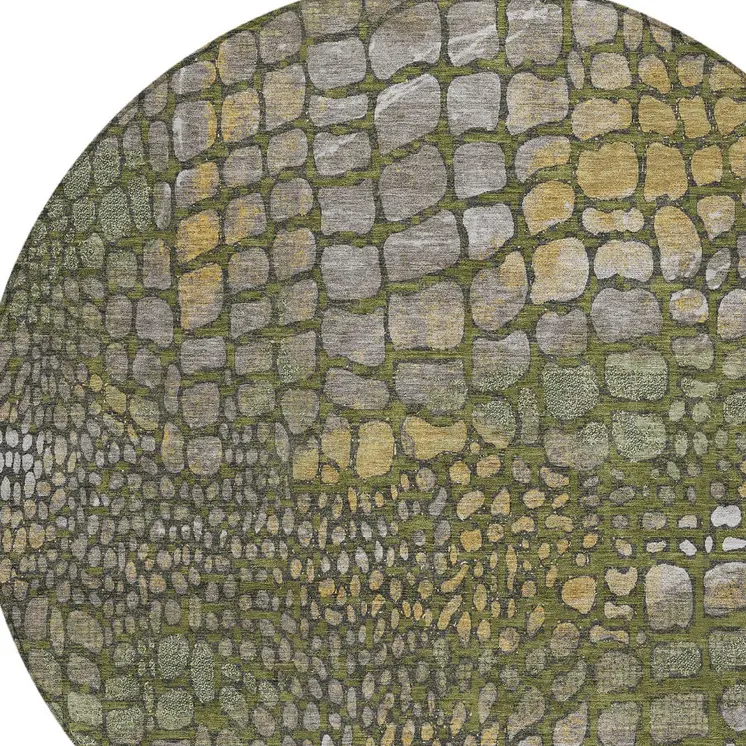 8' Olive Green Brown And Gold Round Abstract Washable Indoor Outdoor Area Rug