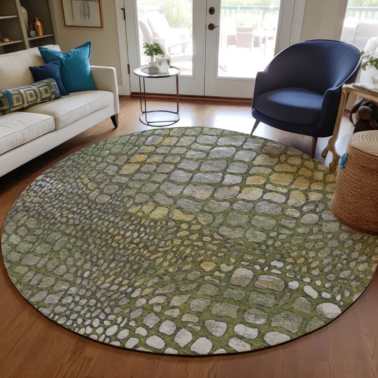 8' Olive Green Brown And Gold Round Abstract Washable Indoor Outdoor Area Rug