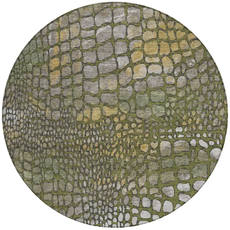 8' Olive Green Brown And Gold Round Abstract Washable Indoor Outdoor Area Rug