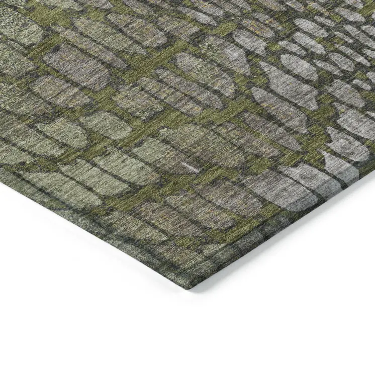 8' X 10' Olive Green Brown And Gold Abstract Washable Indoor Outdoor Area Rug