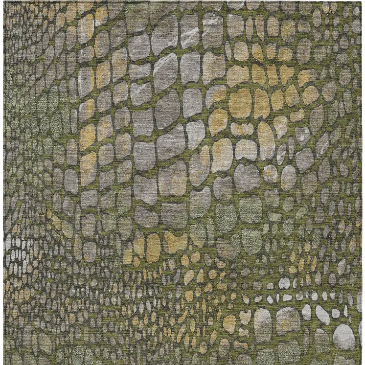 9' X 12' Olive Green Brown And Gold Abstract Washable Indoor Outdoor Area Rug