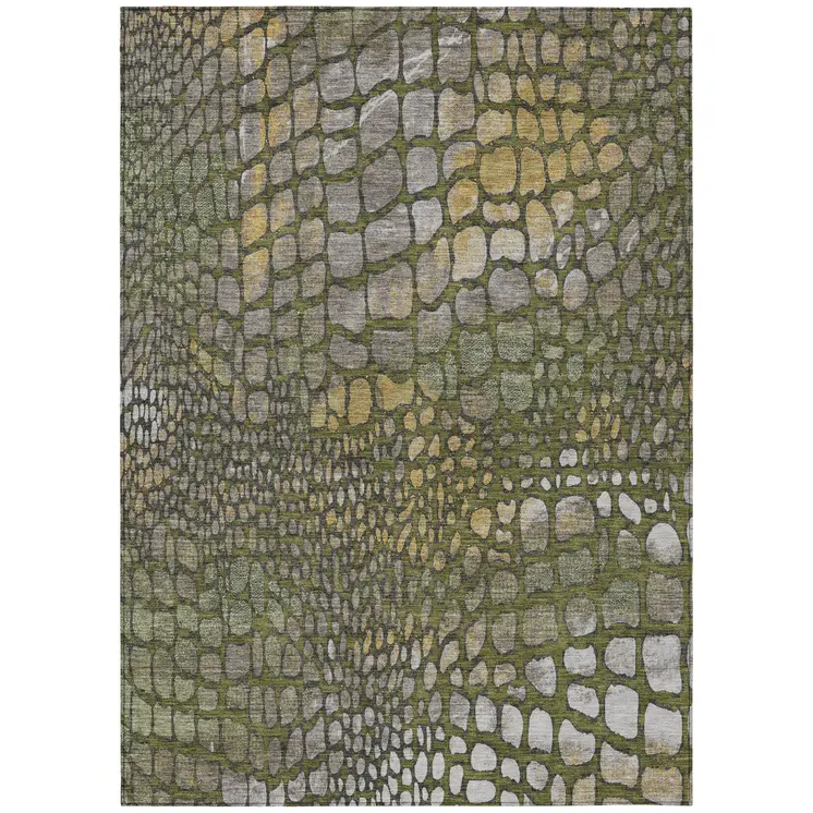 9' X 12' Olive Green Brown And Gold Abstract Washable Indoor Outdoor Area Rug