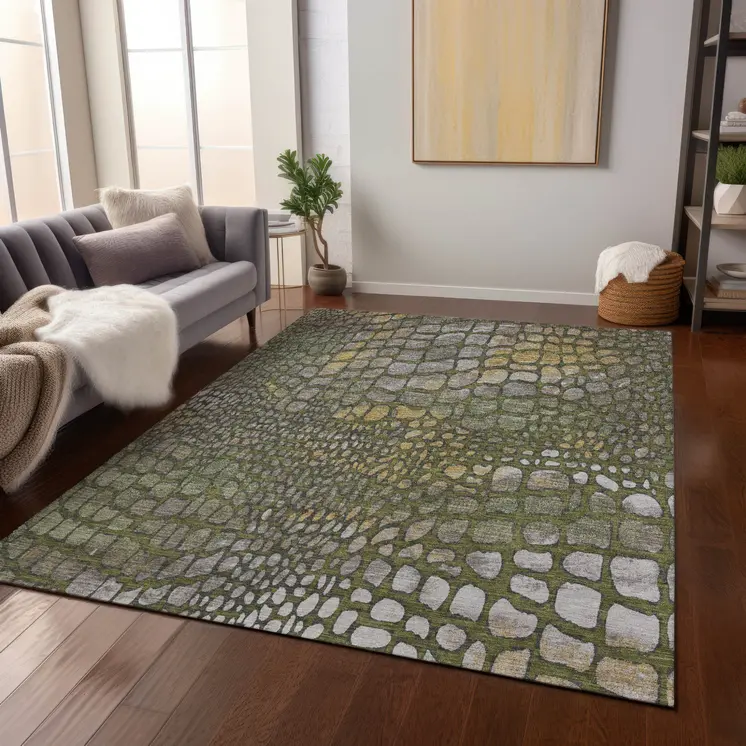 9' X 12' Olive Green Brown And Gold Abstract Washable Indoor Outdoor Area Rug