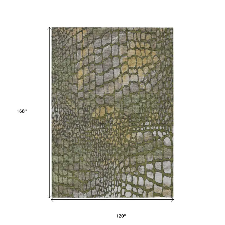 10' X 14' Olive Green Brown And Gold Abstract Washable Indoor Outdoor Area Rug