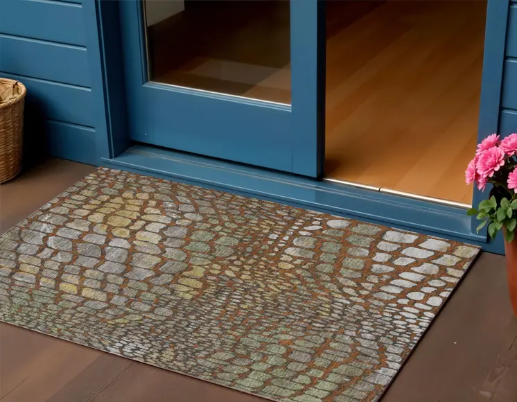 3' X 5' Copper Gold And Brown Abstract Washable Indoor Outdoor Area Rug