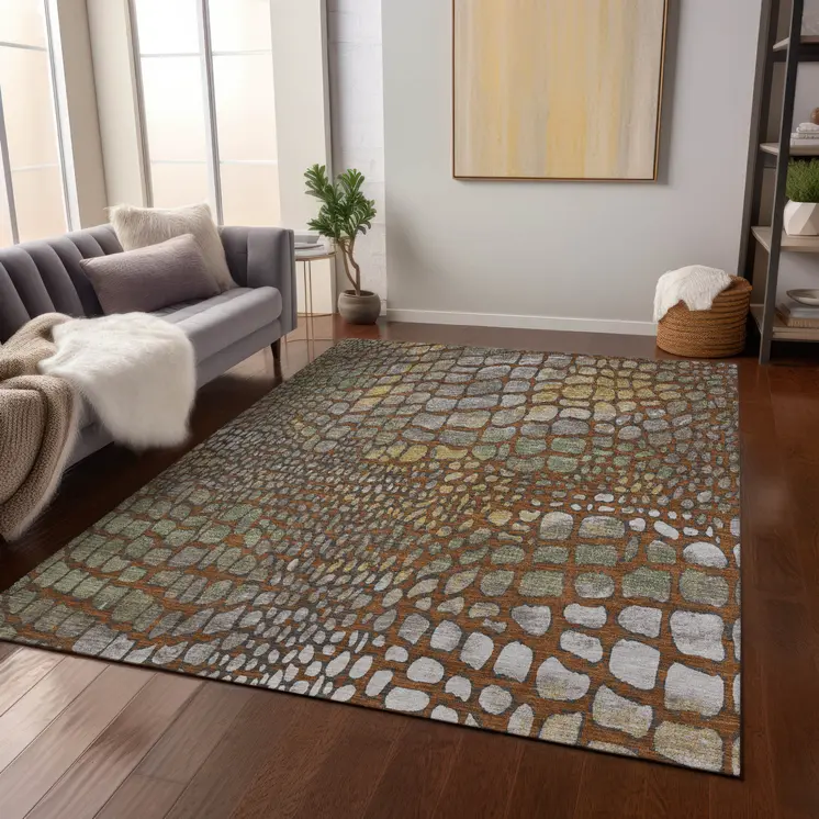 5' X 8' Copper Gold And Brown Abstract Washable Indoor Outdoor Area Rug