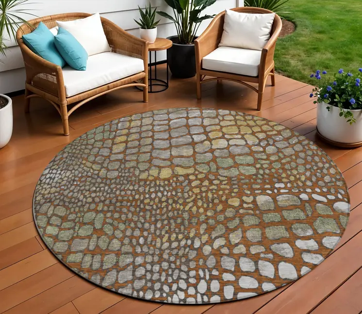 8' Copper Gold And Brown Round Abstract Washable Indoor Outdoor Area Rug