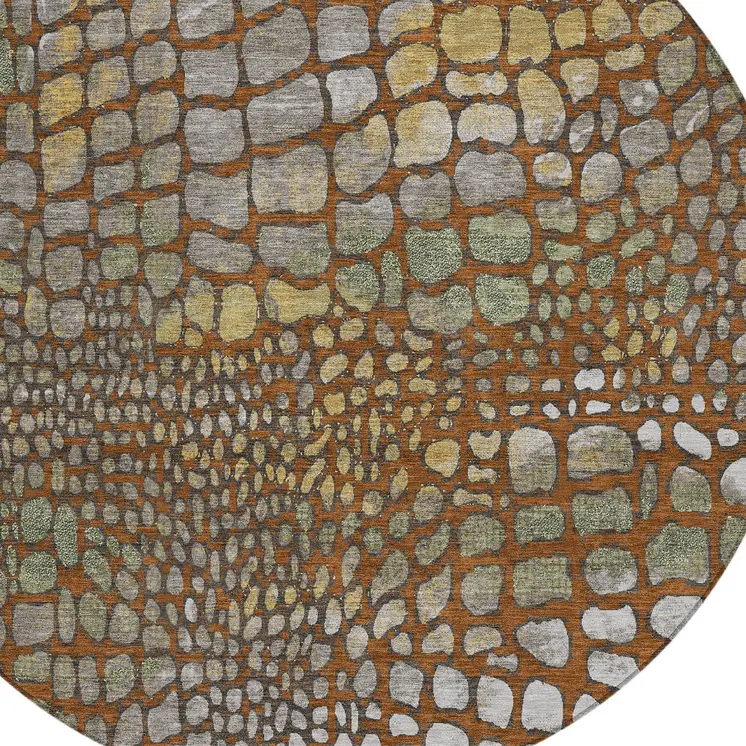 8' Copper Gold And Brown Round Abstract Washable Indoor Outdoor Area Rug