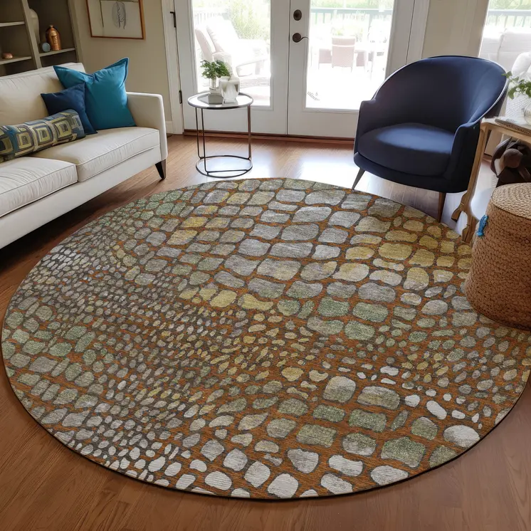 8' Copper Gold And Brown Round Abstract Washable Indoor Outdoor Area Rug