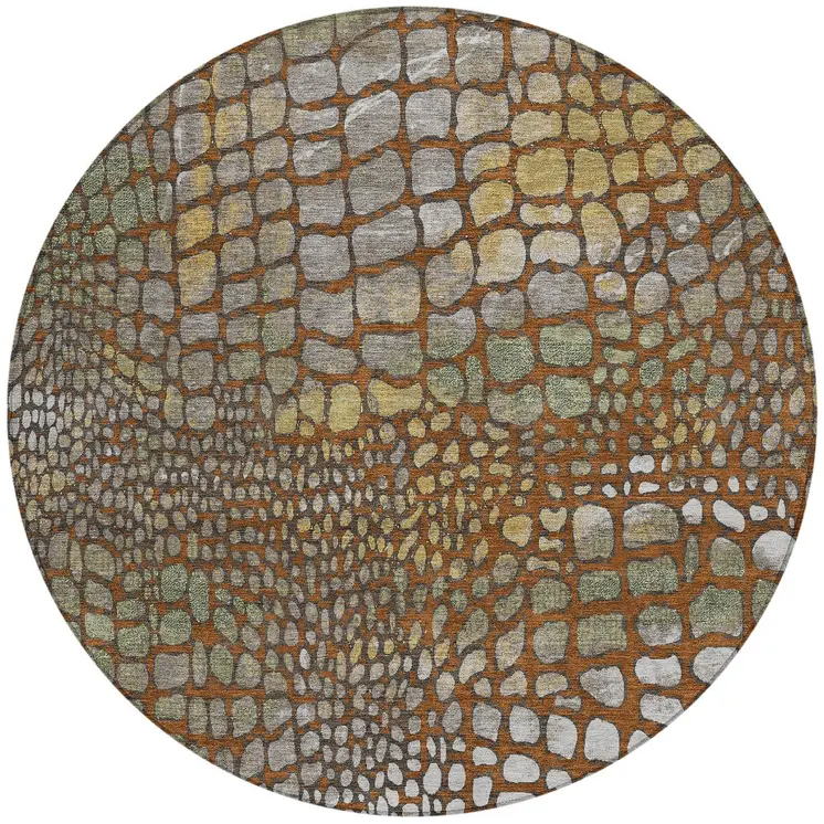 8' Copper Gold And Brown Round Abstract Washable Indoor Outdoor Area Rug
