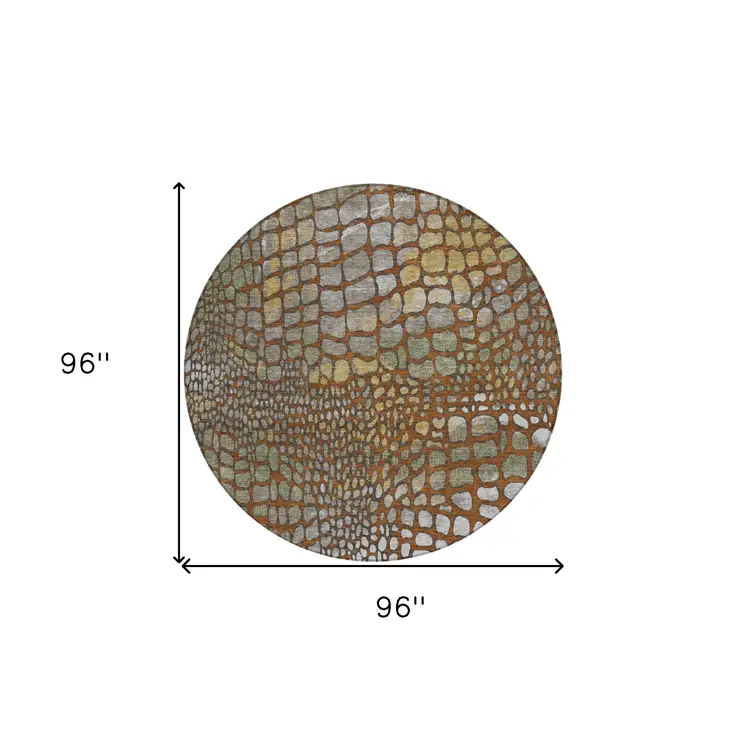 8' Copper Gold And Brown Round Abstract Washable Indoor Outdoor Area Rug