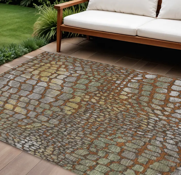 9' X 12' Copper Gold And Brown Abstract Washable Indoor Outdoor Area Rug