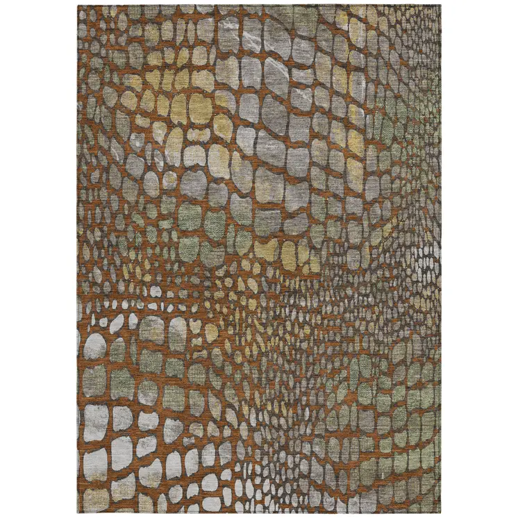 9' X 12' Copper Gold And Brown Abstract Washable Indoor Outdoor Area Rug