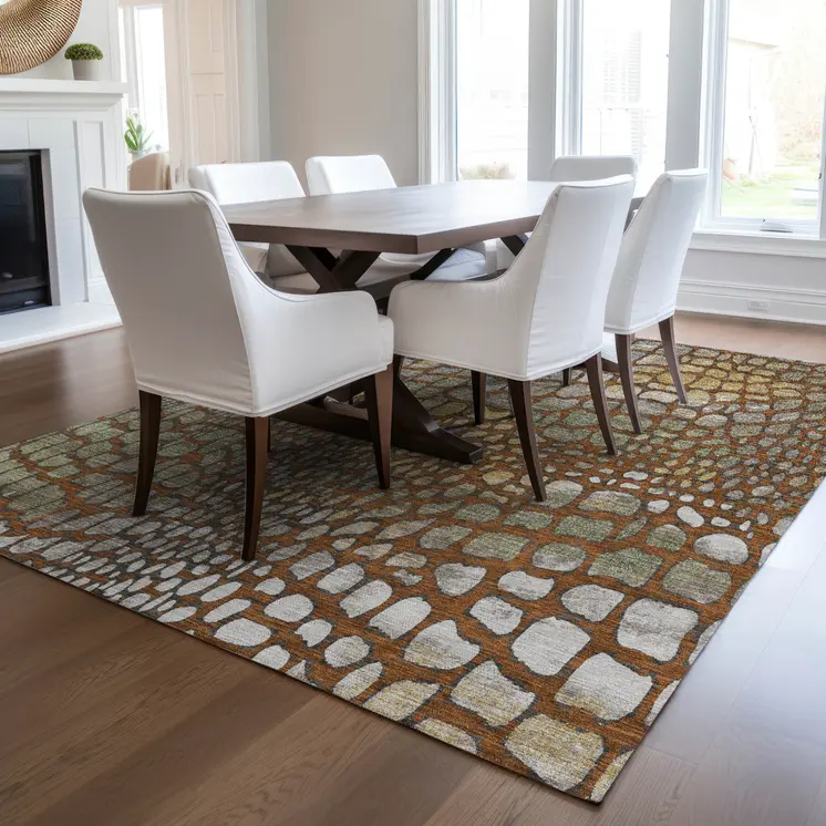 9' X 12' Copper Gold And Brown Abstract Washable Indoor Outdoor Area Rug
