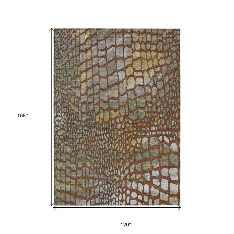 10' X 14' Copper Gold And Brown Abstract Washable Indoor Outdoor Area Rug