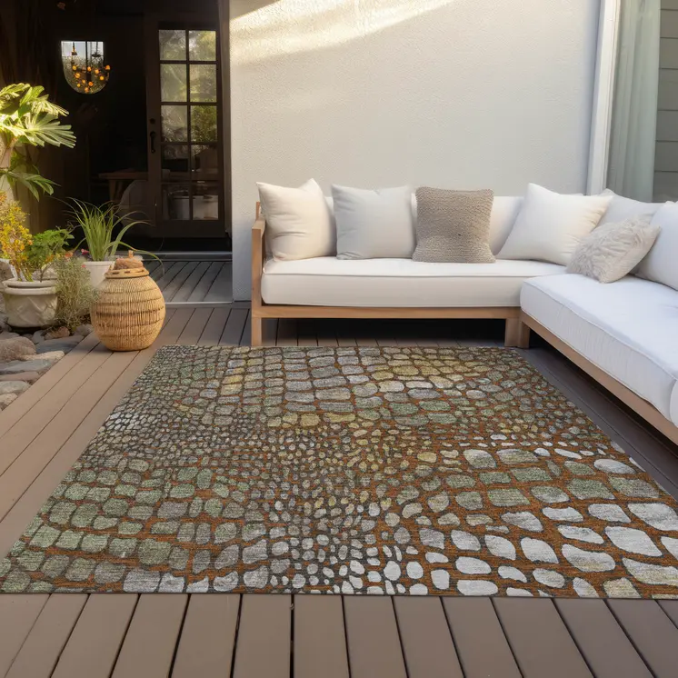 10' X 14' Copper Gold And Brown Abstract Washable Indoor Outdoor Area Rug