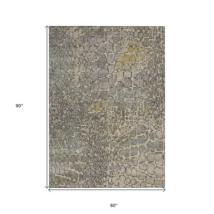 5' X 8' Ivory Gray And Black Abstract Washable Indoor Outdoor Area Rug