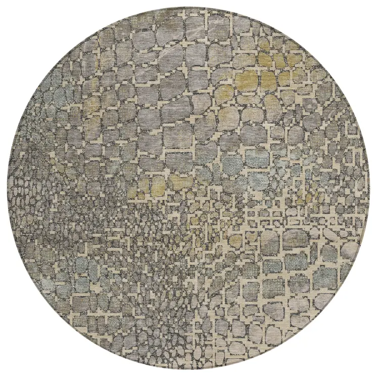 8' Ivory Gray And Black Round Abstract Washable Indoor Outdoor Area Rug