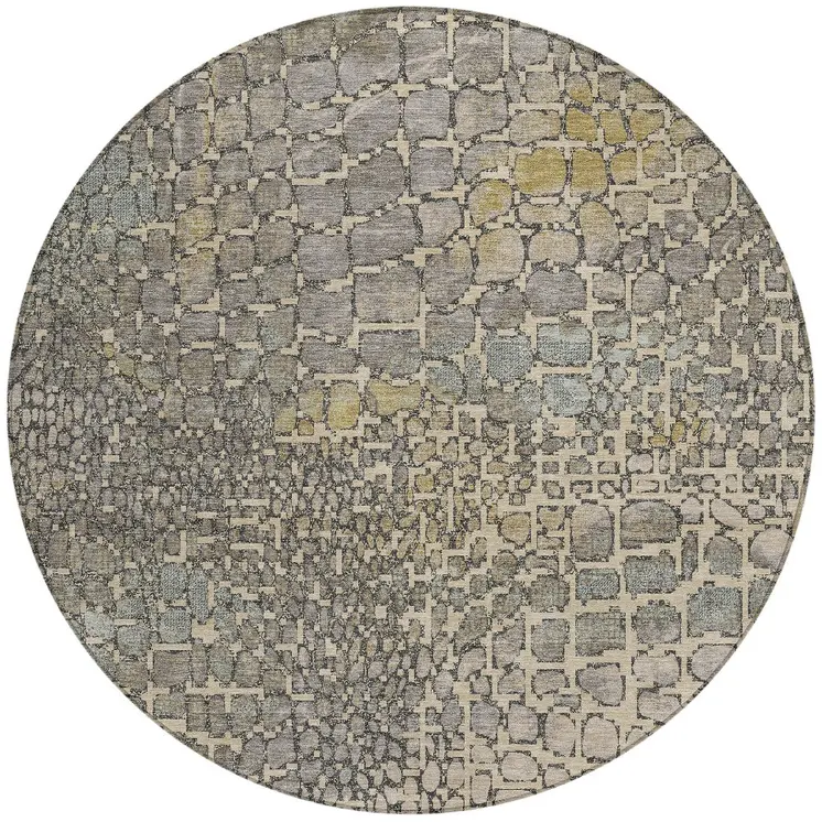 8' Ivory Gray And Black Round Abstract Washable Indoor Outdoor Area Rug