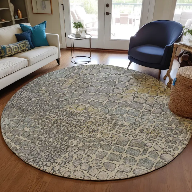8' Ivory Gray And Black Round Abstract Washable Indoor Outdoor Area Rug
