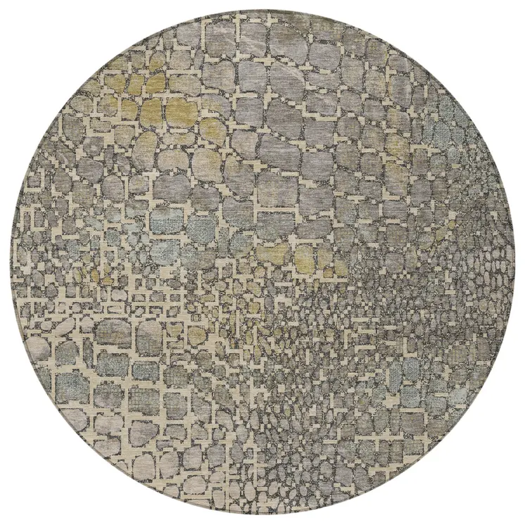 8' Ivory Gray And Black Round Abstract Washable Indoor Outdoor Area Rug