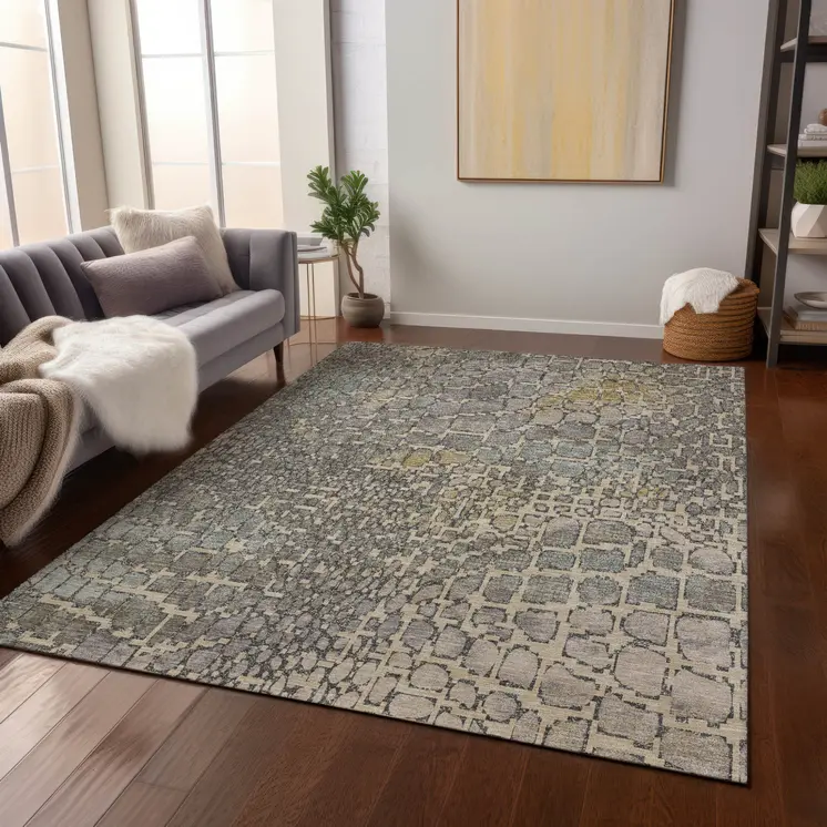 8' X 10' Ivory Gray And Black Abstract Washable Indoor Outdoor Area Rug