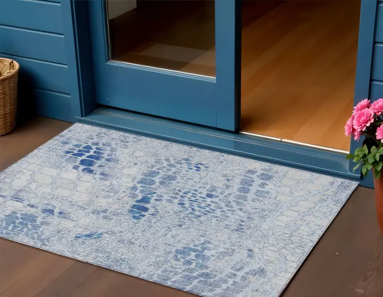 3' X 5' Sky Blue And Ivory Abstract Washable Indoor Outdoor Area Rug