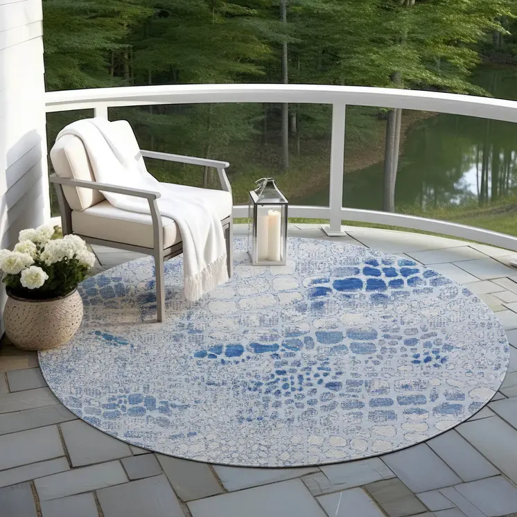 8' Sky Blue And Ivory Round Abstract Washable Indoor Outdoor Area Rug