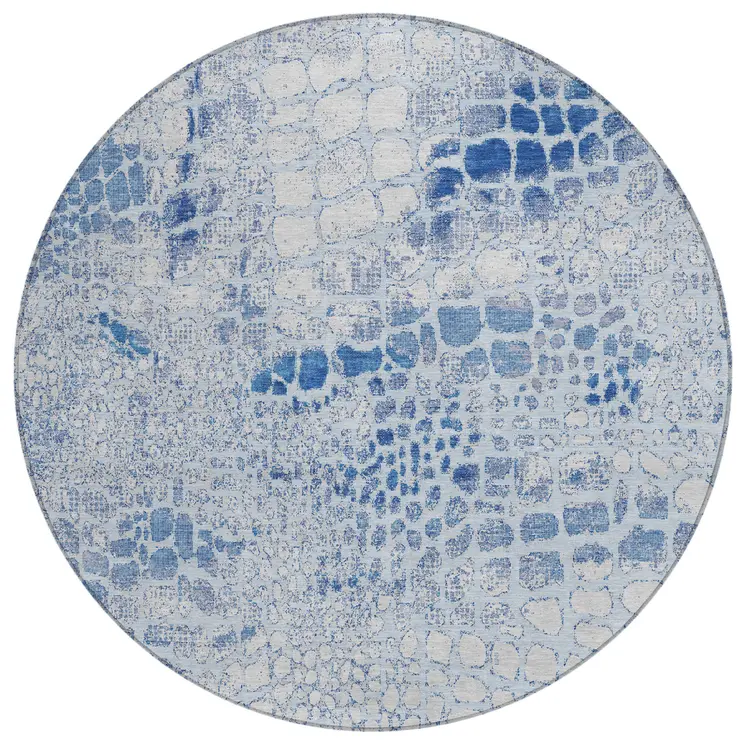8' Sky Blue And Ivory Round Abstract Washable Indoor Outdoor Area Rug