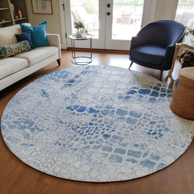 8' Sky Blue And Ivory Round Abstract Washable Indoor Outdoor Area Rug