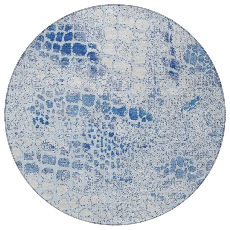 8' Sky Blue And Ivory Round Abstract Washable Indoor Outdoor Area Rug