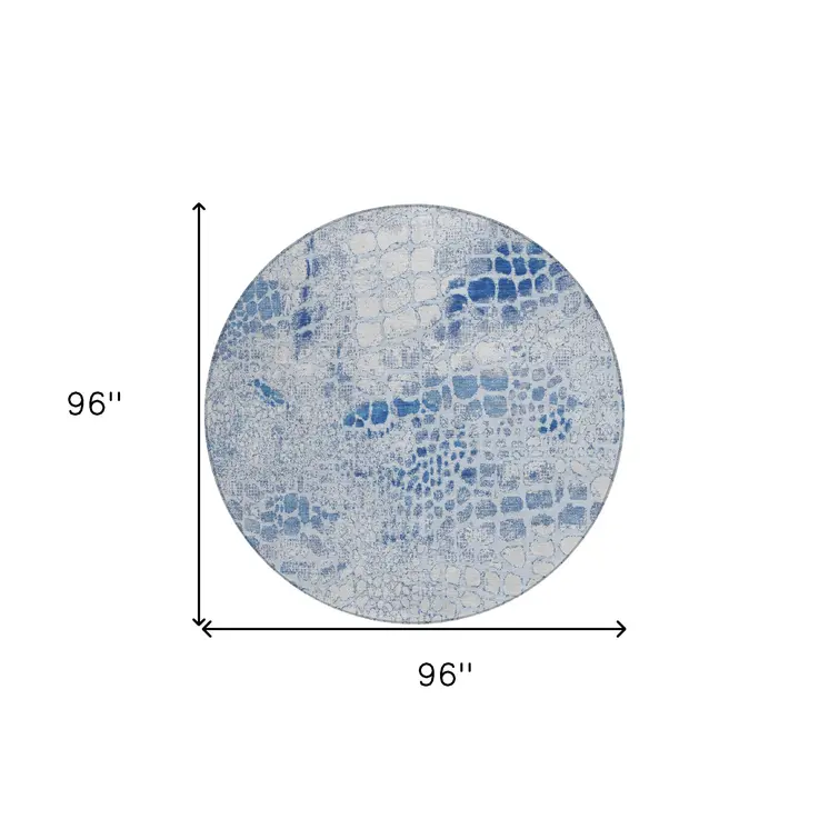 8' Sky Blue And Ivory Round Abstract Washable Indoor Outdoor Area Rug
