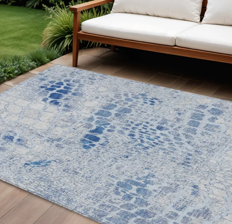 8' X 10' Sky Blue And Ivory Abstract Washable Indoor Outdoor Area Rug