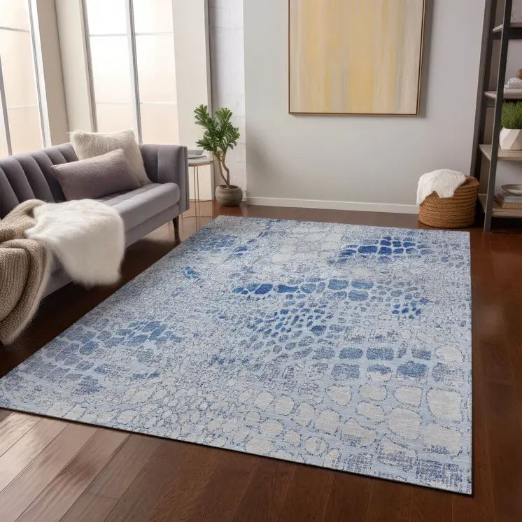 8' X 10' Sky Blue And Ivory Abstract Washable Indoor Outdoor Area Rug