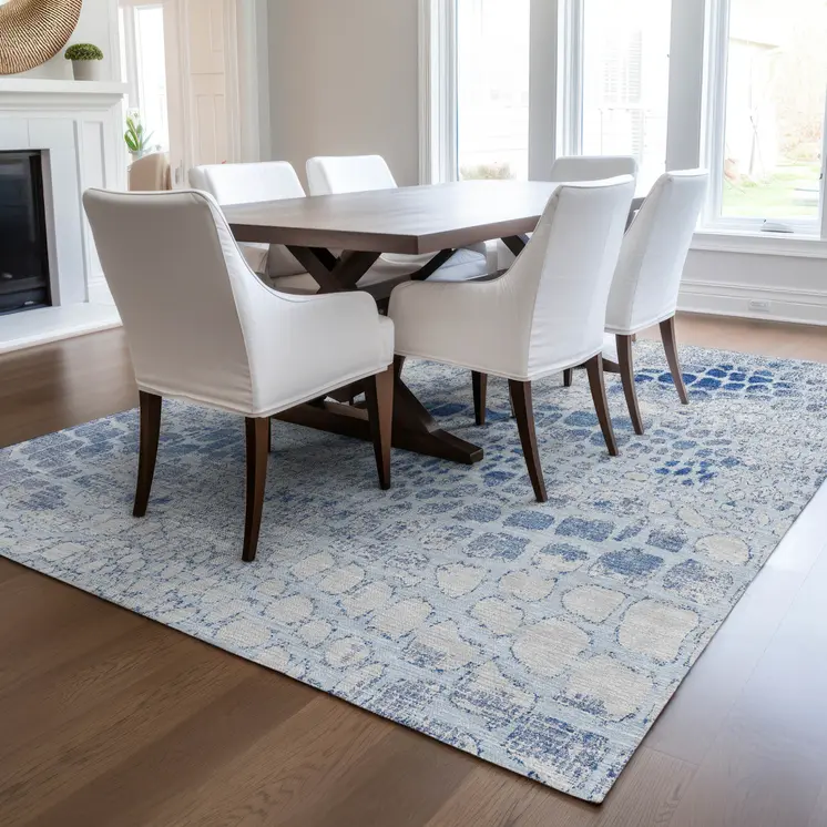 8' X 10' Sky Blue And Ivory Abstract Washable Indoor Outdoor Area Rug