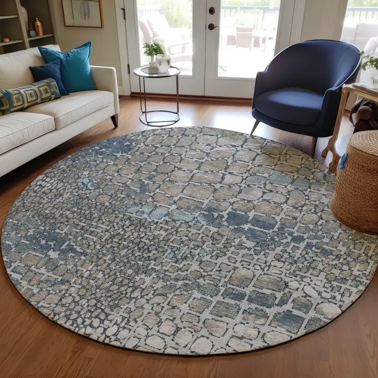 8' Silver Blue And Brown Round Abstract Washable Indoor Outdoor Area Rug
