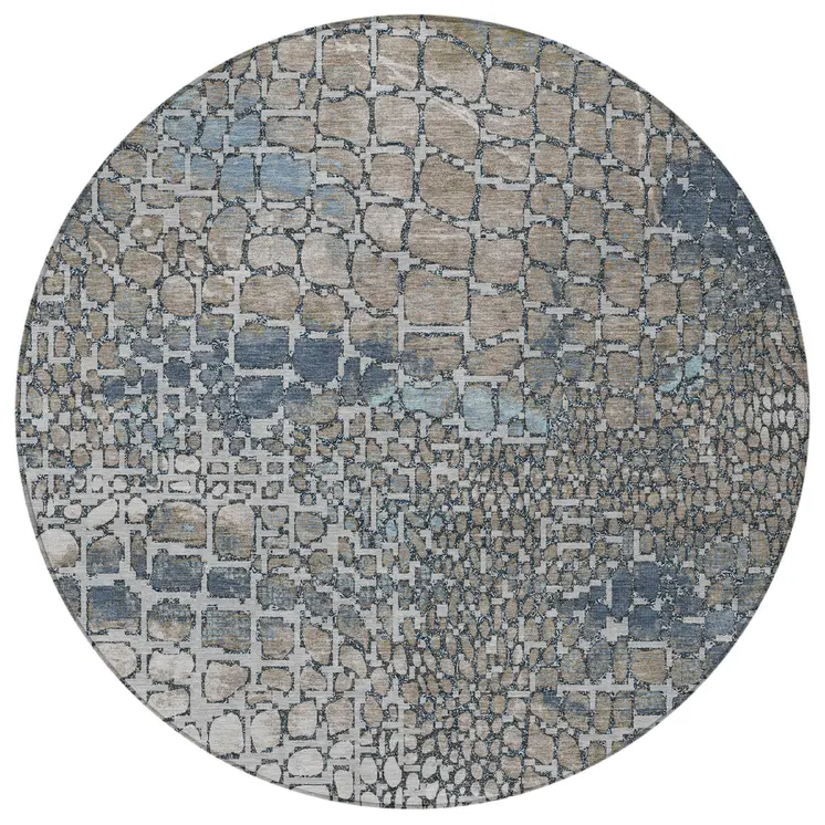 8' Silver Blue And Brown Round Abstract Washable Indoor Outdoor Area Rug