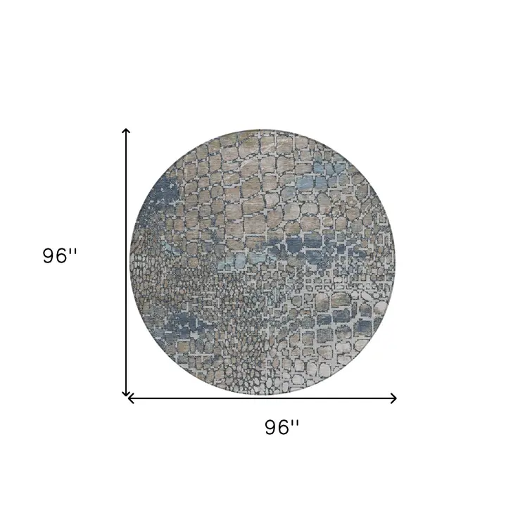 8' Silver Blue And Brown Round Abstract Washable Indoor Outdoor Area Rug
