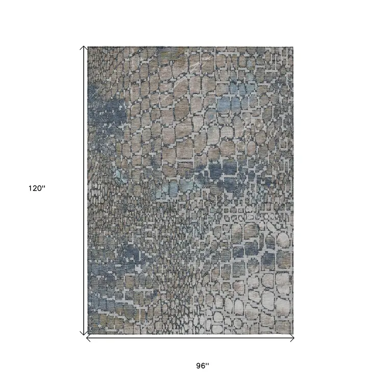 8' X 10' Silver Blue And Brown Abstract Washable Indoor Outdoor Area Rug