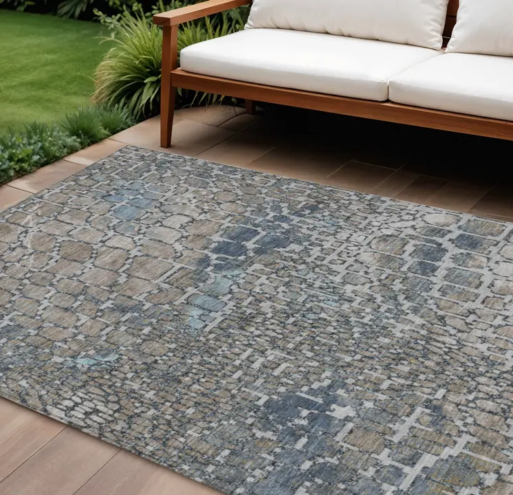 8' X 10' Silver Blue And Brown Abstract Washable Indoor Outdoor Area Rug